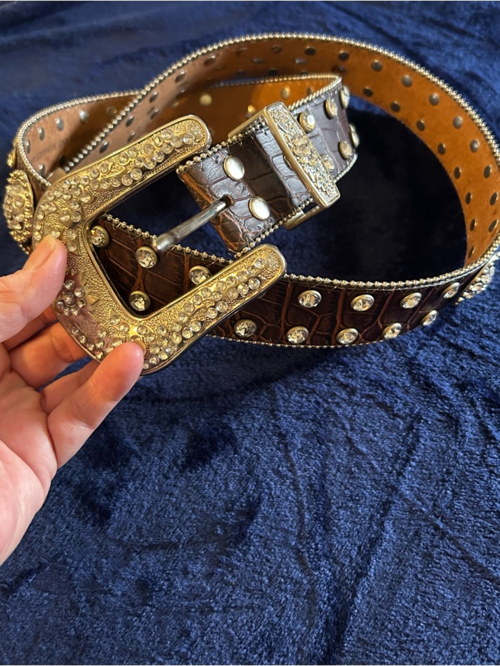 Crystal-Embellished Brown alligator skin Belt